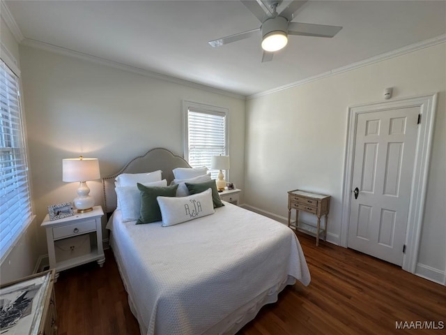 bedroom with ceiling fan, dark hardwood / wood-style floors, and ornamental molding