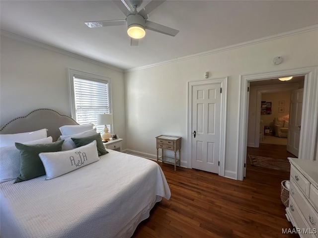 bedroom featuring ceiling fan, dark hardwood / wood-style flooring, and ornamental molding