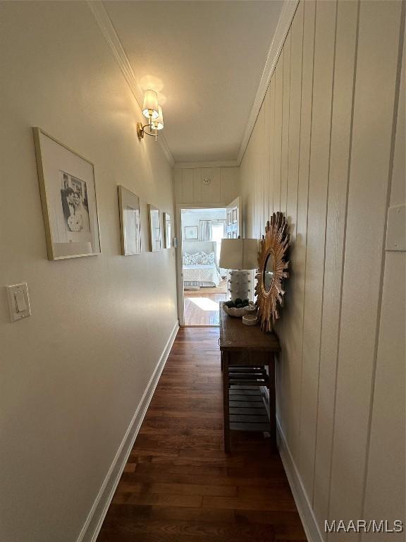 corridor with dark hardwood / wood-style floors and ornamental molding