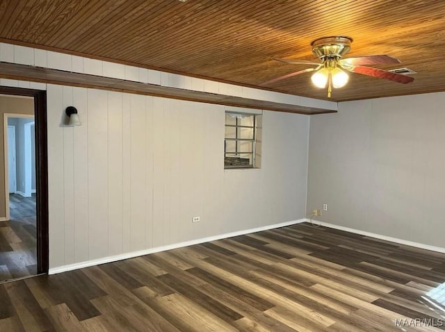 empty room with ceiling fan, wooden ceiling, and dark hardwood / wood-style floors