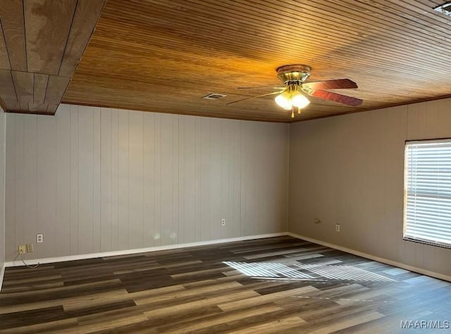 empty room featuring wooden walls, ceiling fan, dark wood-type flooring, and wood ceiling