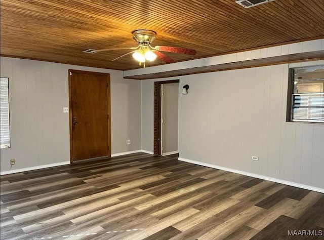 empty room with dark hardwood / wood-style floors, ceiling fan, wooden walls, and wood ceiling