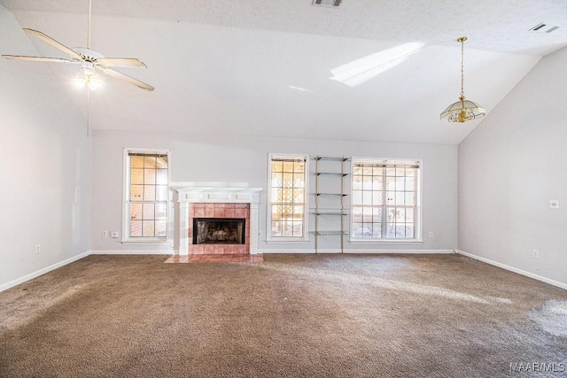 unfurnished living room with carpet flooring, ceiling fan, and lofted ceiling