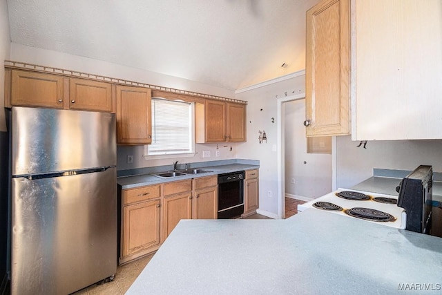 kitchen featuring electric stove, sink, black dishwasher, stainless steel refrigerator, and lofted ceiling