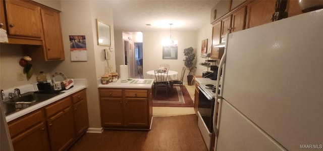 kitchen featuring pendant lighting, white appliances, dark wood-type flooring, and range hood