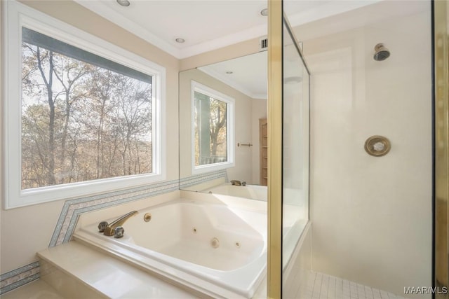 bathroom with independent shower and bath and ornamental molding