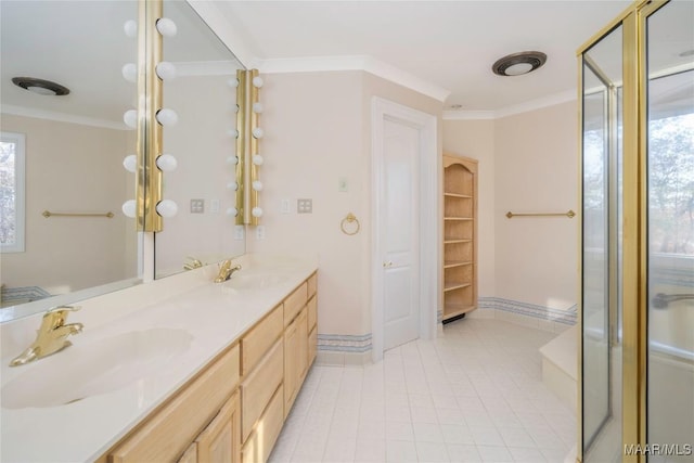 bathroom featuring tile patterned flooring, vanity, an enclosed shower, and crown molding