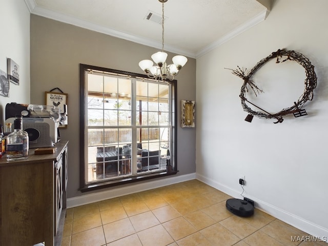 unfurnished dining area featuring a notable chandelier, light tile patterned floors, and ornamental molding