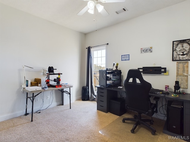 office featuring light colored carpet and ceiling fan