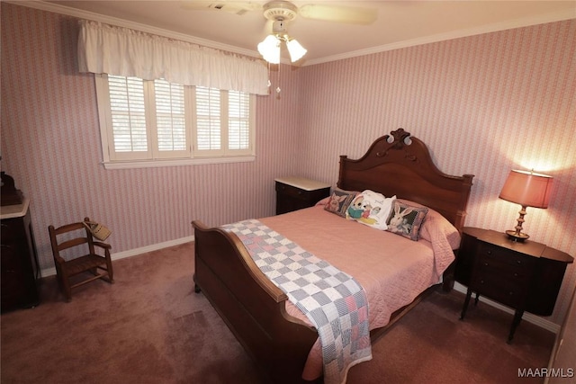 carpeted bedroom with crown molding and ceiling fan