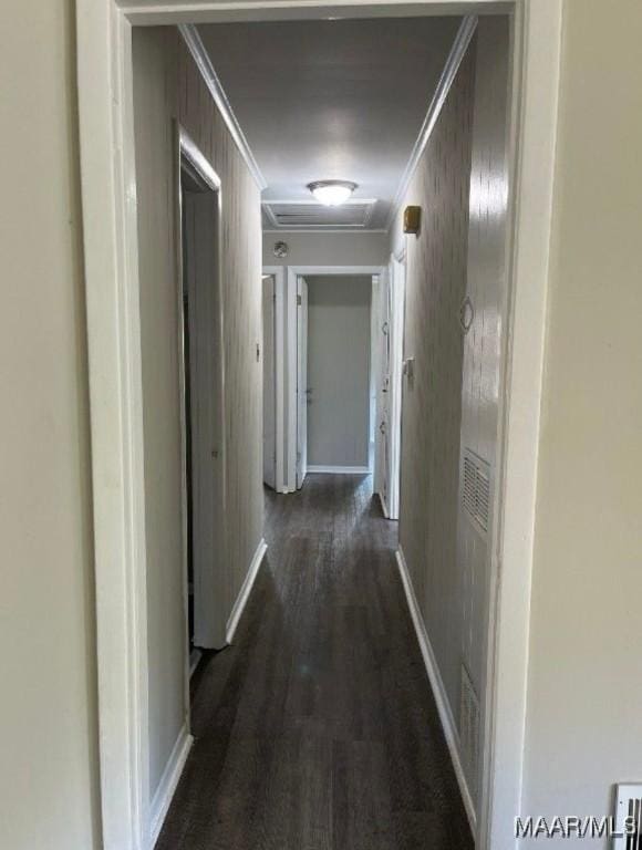 hallway with dark hardwood / wood-style floors and crown molding