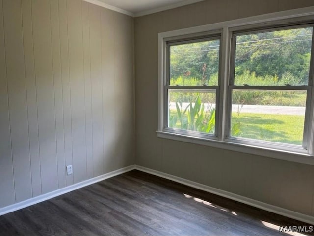 spare room featuring crown molding and dark wood-type flooring