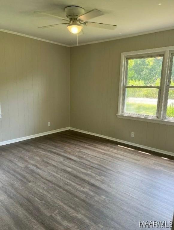 unfurnished room featuring ceiling fan and ornamental molding