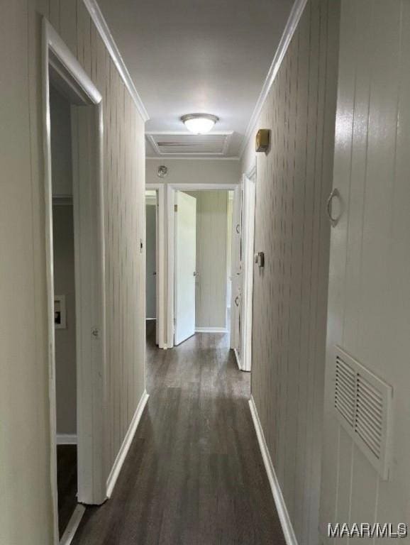 hall featuring wooden walls, dark hardwood / wood-style flooring, and ornamental molding