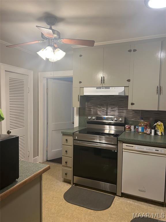 kitchen with tasteful backsplash, ornamental molding, white dishwasher, ceiling fan, and stainless steel electric range oven