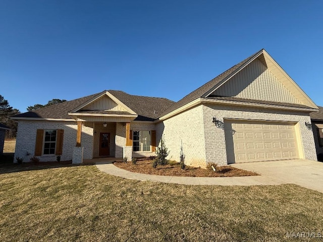 view of front of home featuring an attached garage, brick siding, concrete driveway, board and batten siding, and a front yard