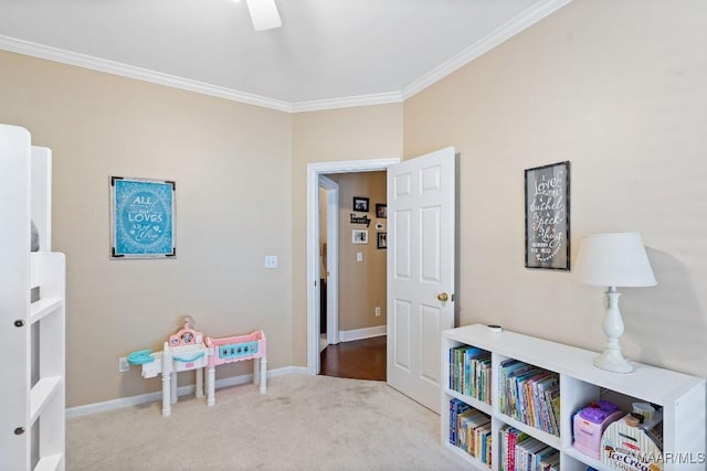 game room featuring crown molding and light carpet