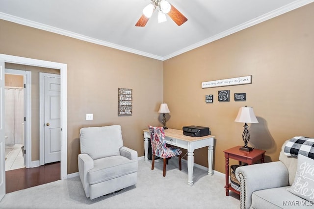 office area with ceiling fan and ornamental molding