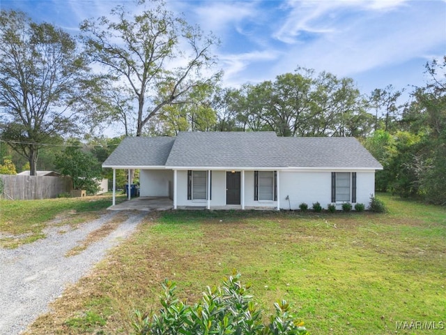 ranch-style home featuring covered porch, a front lawn, and a carport