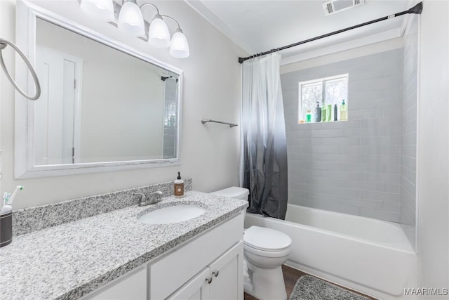 full bathroom with vanity, shower / bathtub combination with curtain, and toilet