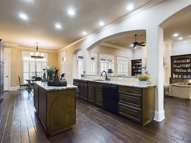 8513 Rockbridge Cir, Montgomery, AL 36116 - kitchen featuring black dishwasher, a sink, ceiling fan, dark wood finished floors, and light stone countertops