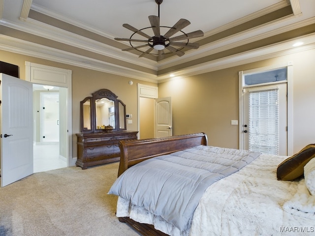 8513 Rockbridge Cir, Montgomery, AL 36116 - bedroom with a tray ceiling, ornamental molding, light colored carpet, and a ceiling fan