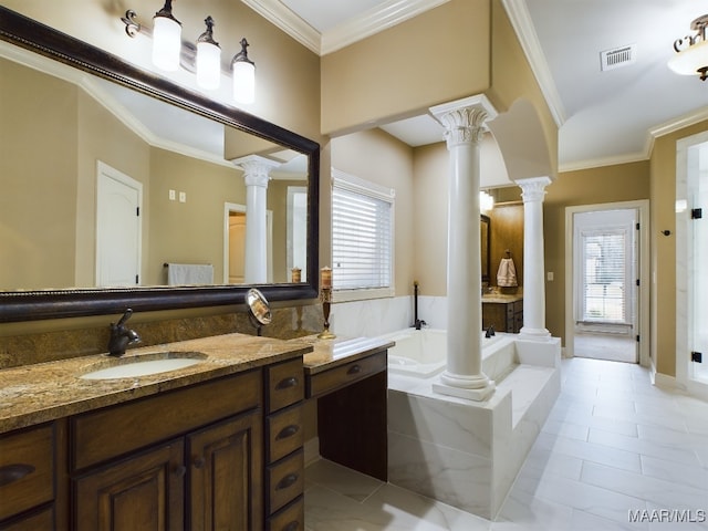 8513 Rockbridge Cir, Montgomery, AL 36116 - full bathroom with decorative columns, vanity, a garden tub, plenty of natural light, and ornamental molding