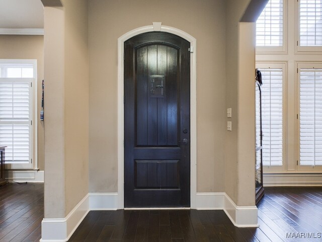 8513 Rockbridge Cir, Montgomery, AL 36116 - entryway featuring arched walkways, dark wood-type flooring, healthy amount of natural light, and ornamental molding