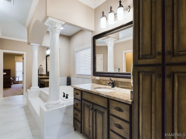 8513 Rockbridge Cir, Montgomery, AL 36116 - full bath featuring decorative columns, vanity, a garden tub, crown molding, and tile patterned flooring