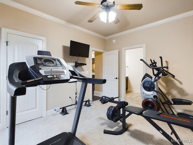 8513 Rockbridge Cir, Montgomery, AL 36116 - exercise room with ornamental molding, carpet floors, baseboards, and a ceiling fan