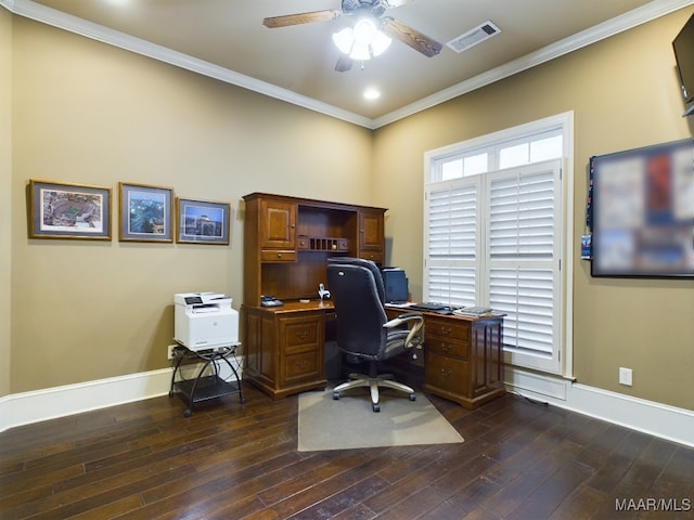 8513 Rockbridge Cir, Montgomery, AL 36116 - office with dark wood-type flooring, a ceiling fan, baseboards, ornamental molding, and recessed lighting