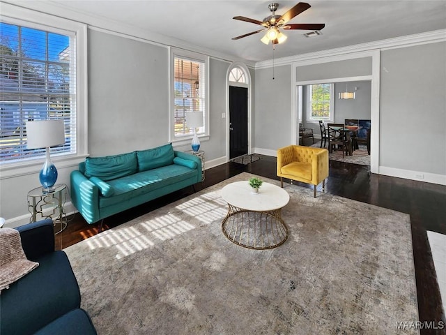 living room with dark hardwood / wood-style flooring, ceiling fan, and ornamental molding