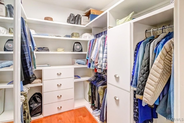 walk in closet featuring light hardwood / wood-style flooring