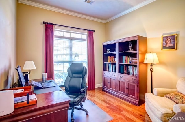 office space featuring crown molding and light wood-type flooring