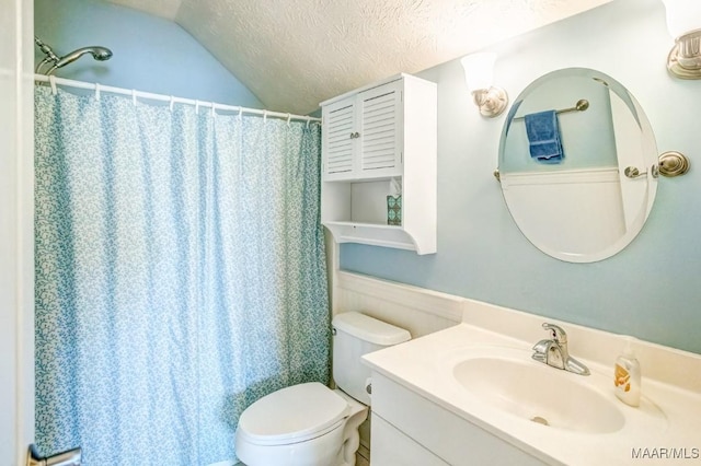 bathroom with vaulted ceiling, a textured ceiling, toilet, vanity, and a shower with shower curtain