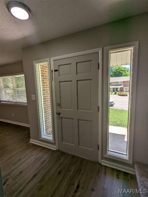 foyer with dark hardwood / wood-style floors, a healthy amount of sunlight, and a textured ceiling