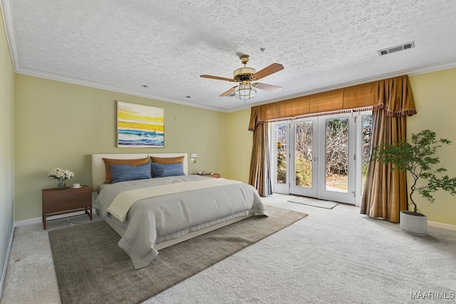 bedroom with access to exterior, carpet flooring, ceiling fan, and crown molding