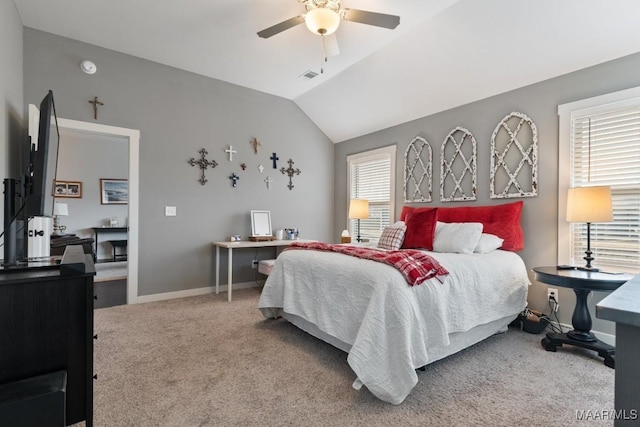 bedroom featuring carpet, ceiling fan, and lofted ceiling