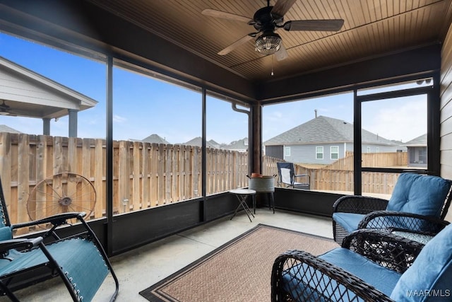 sunroom featuring ceiling fan and wood ceiling