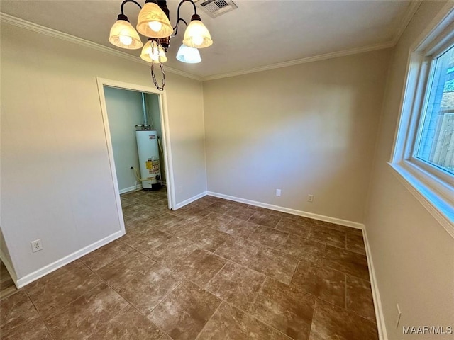 spare room featuring an inviting chandelier, ornamental molding, and water heater