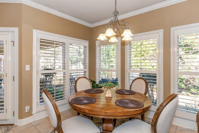 dining space featuring crown molding, light tile patterned flooring, and a chandelier