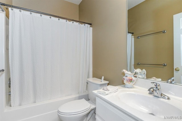 full bathroom featuring toilet, shower / bathtub combination with curtain, and vanity