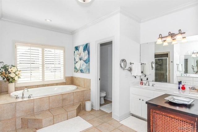 full bathroom featuring toilet, shower with separate bathtub, tile patterned flooring, ornamental molding, and vanity