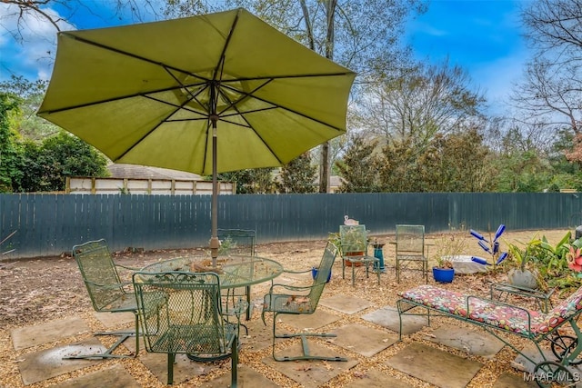view of patio with a fenced backyard and outdoor dining area