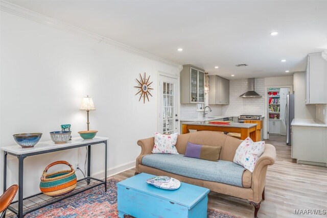 living room with sink, ornamental molding, and light wood-type flooring