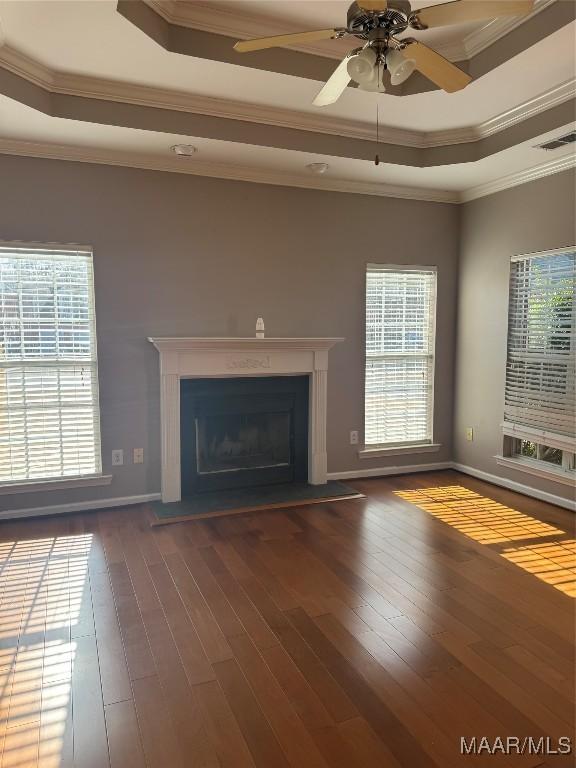 unfurnished living room with dark wood-type flooring, a raised ceiling, and a healthy amount of sunlight