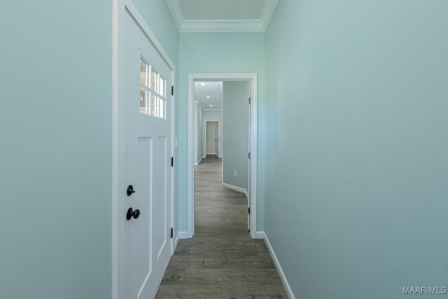 corridor featuring dark hardwood / wood-style flooring and ornamental molding