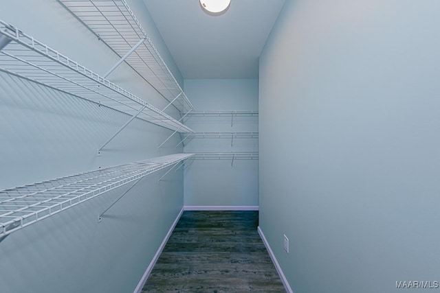 walk in closet with dark hardwood / wood-style flooring