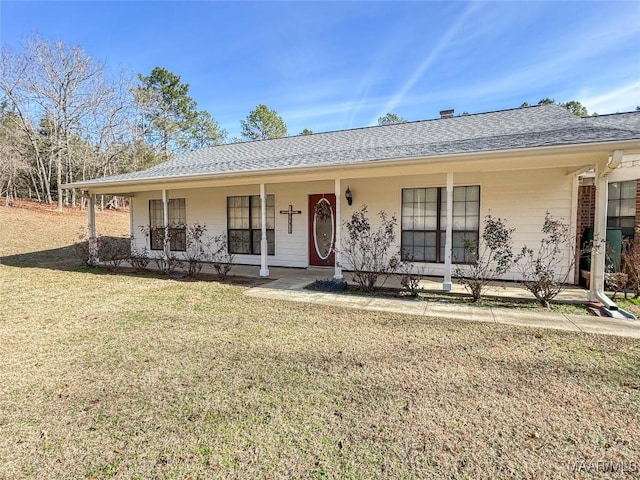 single story home featuring a front yard and covered porch