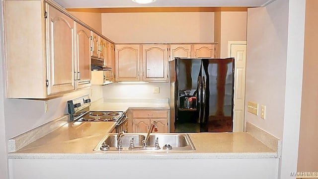 kitchen featuring sink, light brown cabinets, black refrigerator with ice dispenser, and electric range